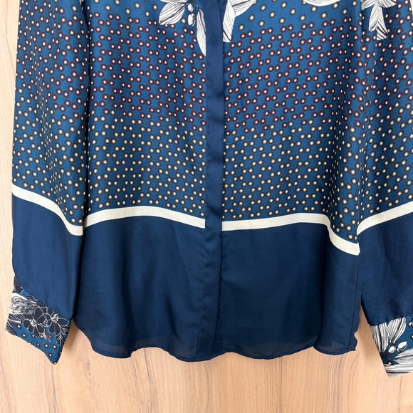 Zara Womens Mixed Print Blouse Size M Blue Floral Polka Dot Button Up Shirt Boho - Picture 3 of 8